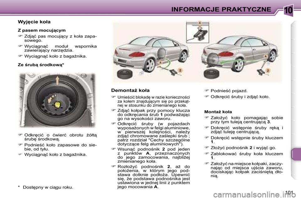 Peugeot 307 CC 2006  Instrukcja Obsługi (in Polish) �1�0�I�N�F�O�R�M�A�C�J�E� �P�R�A�K�T�Y�C�Z�N�E
�1�0�1
�W�y�j
�c�i�e� �k�o�ł�a
�Z� �p�a�s�e�m� �m�o�c�u�j"�c�y�m
�� �Z�d�j"�ć�  �p�a�s�  �m�o�c�u�j"�c�y�  �z�  �k�o�ł�a�  �z�a�p�a�-�s�o�w�e�g