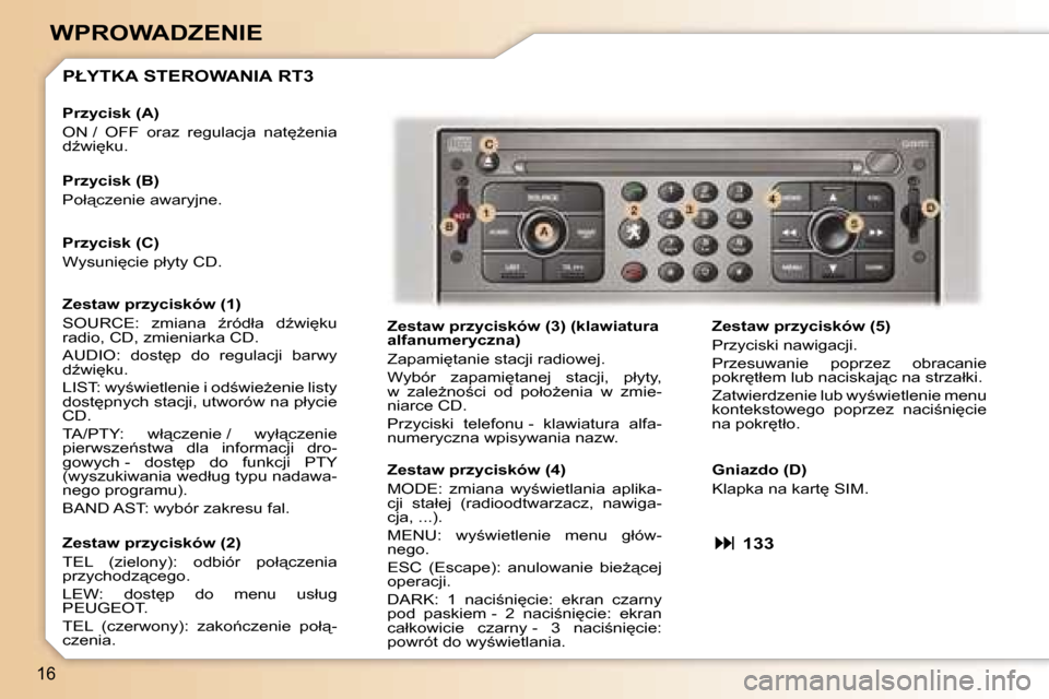 Peugeot 307 CC 2006  Instrukcja Obsługi (in Polish) �1�6
�W�P�R�O�W�A�D�Z�E�N�I�E
�P�Ł�Y�T�K�A� �S�T�E�R�O�W�A�N�I�A� �R�T�3
�Z�e�s�t�a�w� �p�r�z�y�c�i�s�k�ó�w� �(�3�)� �(�k�l�a�w�i�a�t�u�r�a�  
�a�l�f�a�n�u�m�e�r�y�c�z�n�a�) 
�Z�a�p�a�m�i
�t�a�n�i�