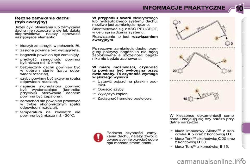 Peugeot 307 CC 2006  Instrukcja Obsługi (in Polish) �1�0�I�N�F�O�R�M�A�C�J�E� �P�R�A�K�T�Y�C�Z�N�E
�1�1�9
�R
�c�z�n�e� �z�a�m�y�k�a�n�i�e� �d�a�c�h�u�  
�(�t�r�y�b� �a�w�a�r�y�j�n�y�)
�J�eG�e�l�i� �c�y�k�l� �o�t�w�i�e�r�a�n�i�a� �l�u�b� �z�a�m�y�k�a�