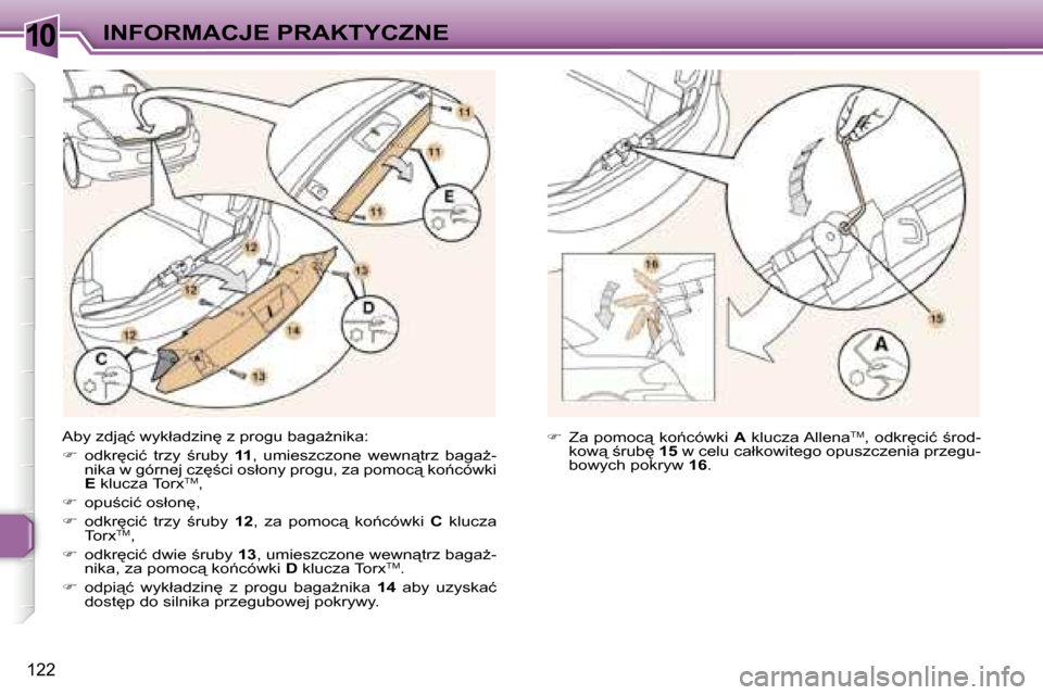 Peugeot 307 CC 2006  Instrukcja Obsługi (in Polish) �1�0�I�N�F�O�R�M�A�C�J�E� �P�R�A�K�T�Y�C�Z�N�E
�1�2�2
�A�b�y� �z�d�j"�ć� �w�y�k�ł�a�d�z�i�n
� �z� �p�r�o�g�u� �b�a�g�aG�n�i�k�a�: 
�� �o�d�k�r
�c�i�ć�  �t�r�z�y�  ;�r�u�b�y�  �1�1�,�  �u�m�