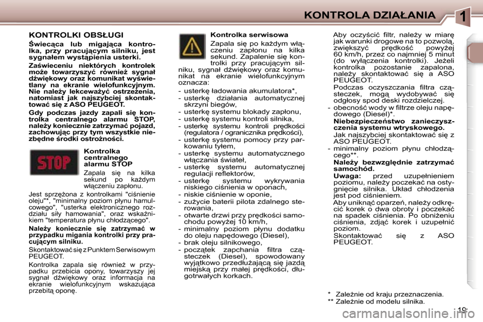 Peugeot 307 CC 2006  Instrukcja Obsługi (in Polish) �1�K�O�N�T�R�O�L�A� �D�Z�I�A�Ł�A�N�I�A
�1�9
�K�O�N�T�R�O�L�K�I� �O�B�S�Ł�U�G�I
:�w�i�e�c"�c�a�  �l�u�b�  �m�i�g�a�j"�c�a�  �k�o�n�t�r�o�- 
�l�k�a�,�  �p�r�z�y�  �p�r�a�c�u�j"�c�y�m�  �s�i�l�n�i�