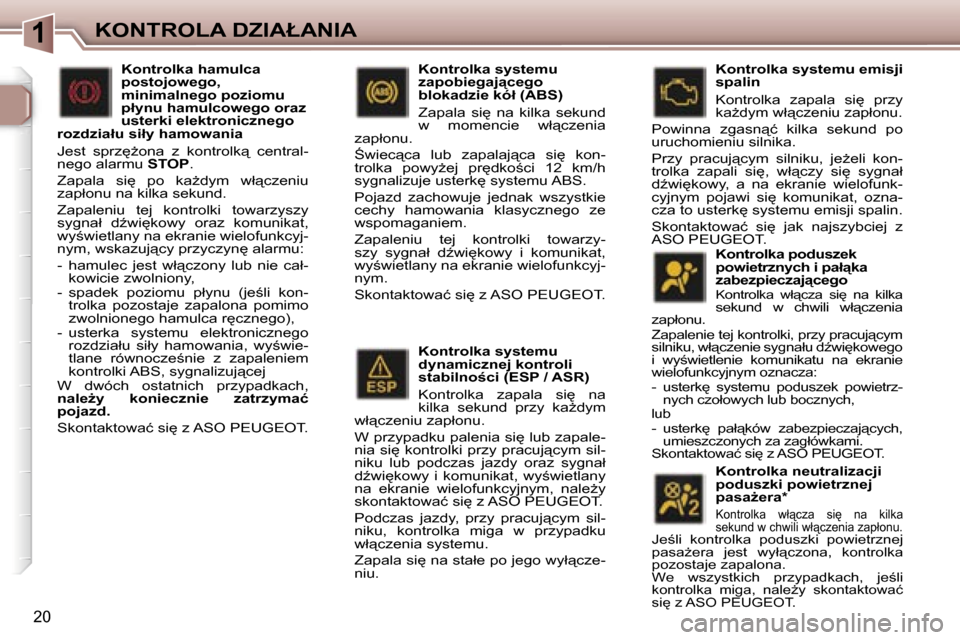 Peugeot 307 CC 2006  Instrukcja Obsługi (in Polish) �1�K�O�N�T�R�O�L�A� �D�Z�I�A�Ł�A�N�I�A
�2�0
�K�o�n�t�r�o�l�k�a� �p�o�d�u�s�z�e�k�  
�p�o�w�i�e�t�r�z�n�y�c�h� �i� �p�a�ł"�k�a� 
�z�a�b�e�z�p�i�e�c�z�a�j"�c�e�g�o
�K�o�n�t�r�o�l�k�a�  �w�ł"�c�z�a