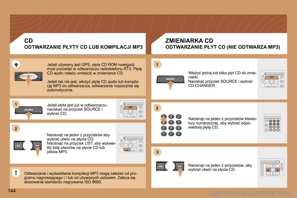Peugeot 307 CC 2006  Instrukcja Obsługi (in Polish) �2�1 
�2
�3
�1
�1�4�4 �C�D 
�O�D�T�W�A�R�Z�A�N�I�E� �P�Ł�Y�T�Y� �C�D� �L�U�B� �K�O�M�P�I�L�A�C�J�I� �M�P�3
�Z�M�I�E�N�I�A�R�K�A� �C�D
�O�D�T�W�A�R�Z�A�N�I�E� �P�Ł�Y�T� �C�D� �(�N�I�E� �O�D�T�W�A�R�Z