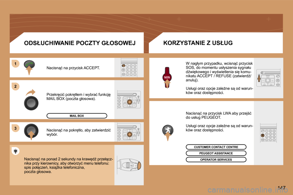 Peugeot 307 CC 2006  Instrukcja Obsługi (in Polish) �1 
�2 
�3
�1�4�7
�P�r�z�e�k�r
�c�i�ć� �p�o�k�r
�t�ł�e�m� �i� �w�y�b�r�a�ć� �f�u�n�k�c�j
�  
�M�A�I�L� �B�O�X� �(�p�o�c�z�t�a� �g�ł�o�s�o�w�a�)�.
�N�a�c�i�s�n"�ć� �n�a� �p�r�z�y�c�i�s�k� �A�C