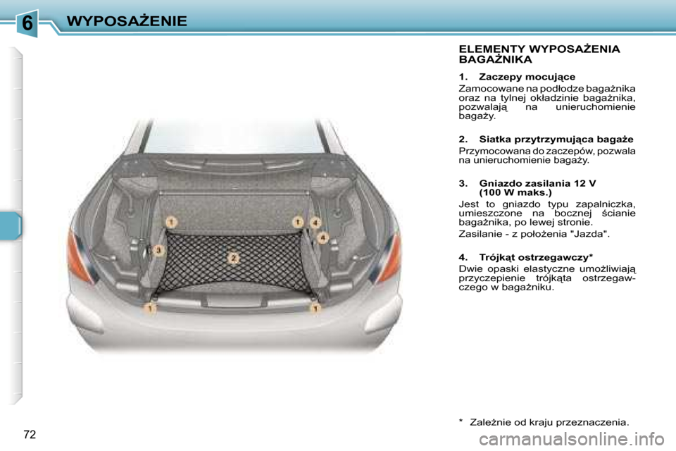 Peugeot 307 CC 2006  Instrukcja Obsługi (in Polish) �6�W�Y�P�O�S�AF�E�N�I�E
�7�2
�E�L�E�M�E�N�T�Y� �W�Y�P�O�S�AF�E�N�I�A�  
�B�A�G�AF�N�I�K�A
�1�.�  �Z�a�c�z�e�p�y� �m�o�c�u�j"�c�e 
�Z�a�m�o�c�o�w�a�n�e� �n�a� �p�o�d�ł�o�d�z�e� �b�a�g�aG�n�i�k�a�