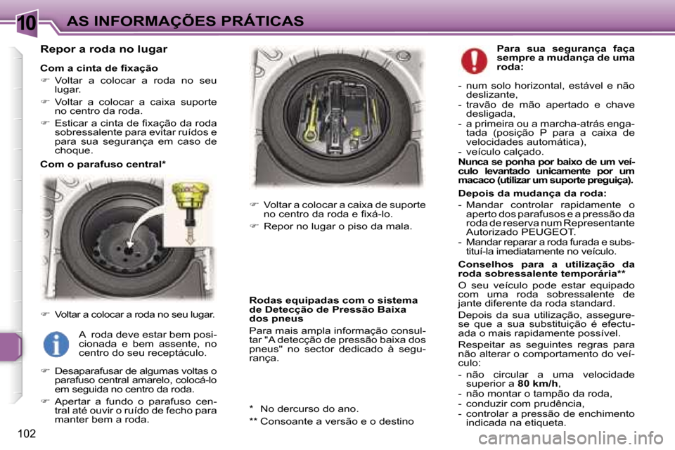 Peugeot 307 CC 2006  Manual do proprietário (in Portuguese) �1�0�A�S� �I�N�F�O�R�M�A�Ç�Õ�E�S� �P�R�Á�T�I�C�A�S
�1�0�2
�R�e�p�o�r� �a� �r�o�d�a� �n�o� �l�u�g�a�r
�C�o�m� �a� �c�i�n�t�a� �d�e� �f�i�x�a�ç�ã�o 
��  �V�o�l�t�a�r�  �a�  �c�o�l�o�c�a�r�  �a� 