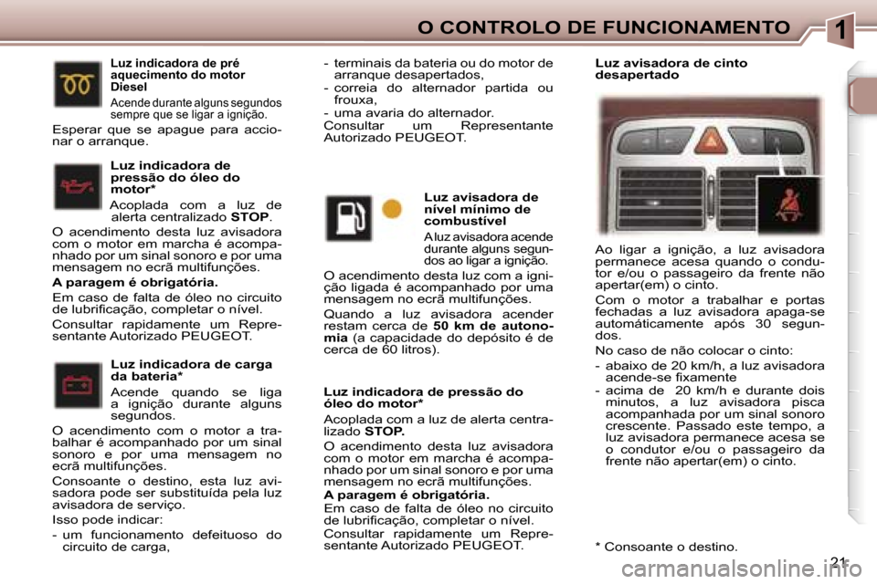 Peugeot 307 CC 2006  Manual do proprietário (in Portuguese) �1�O� �C�O�N�T�R�O�L�O� �D�E� �F�U�N�C�I�O�N�A�M�E�N�T�O
�2�1
�L�u�z� �i�n�d�i�c�a�d�o�r�a� �d�e� �p�r�e�s�s�ã�o� �d�o�  
�ó�l�e�o� �d�o� �m�o�t�o�r�* 
�A�c�o�p�l�a�d�a� �c�o�m� �a� �l�u�z� �d�e� �a