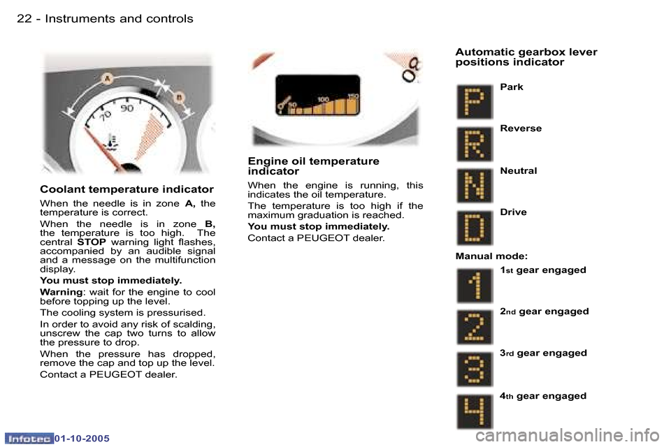 Peugeot 307 CC 2005.5  Owners Manual �I�n�s�t�r�u�m�e�n�t�s� �a�n�d� �c�o�n�t�r�o�l�s�2�2 �-
�0�1�-�1�0�-�2�0�0�5
�2�3�I�n�s�t�r�u�m�e�n�t�s� �a�n�d� �c�o�n�t�r�o�l�s�-
�0�1�-�1�0�-�2�0�0�5
�E�n�g�i�n�e� �o�i�l� �t�e�m�p�e�r�a�t�u�r�e�  