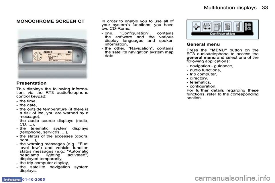 Peugeot 307 CC 2005.5  Owners Manual �M�u�l�t�i�f�u�n�c�t�i�o�n� �d�i�s�p�l�a�y�s�3�2 �-
�0�1�-�1�0�-�2�0�0�5
�3�3�M�u�l�t�i�f�u�n�c�t�i�o�n� �d�i�s�p�l�a�y�s�-
�0�1�-�1�0�-�2�0�0�5
�M�O�N�O�C�H�R�O�M�E� �S�C�R�E�E�N� �C�T
�P�r�e�s�e�n�t