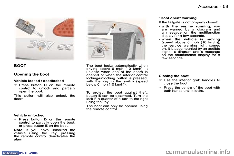 Peugeot 307 CC 2005.5  Owners Manual �A�c�c�e�s�s�e�s�5�8 �-
�0�1�-�1�0�-�2�0�0�5
�5�9�A�c�c�e�s�s�e�s�-
�0�1�-�1�0�-�2�0�0�5
�V�e�h�i�c�l�e� �u�n�l�o�c�k�e�d 
�F� �P�r�e�s�s�  �b�u�t�t�o�n�  �D�  �o�n�  �t�h�e�  �r�e�m�o�t�e� 
�c�o�n�t�