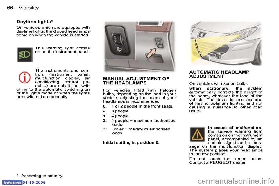 Peugeot 307 CC 2005.5  Owners Manual �V�i�s�i�b�i�l�i�t�y�6�6 �-
�0�1�-�1�0�-�2�0�0�5
�6�7�V�i�s�i�b�i�l�i�t�y�-
�0�1�-�1�0�-�2�0�0�5
�M�A�N�U�A�L� �A�D�J�U�S�T�M�E�N�T� �O�F�  
�T�H�E� �H�E�A�D�L�A�M�P�S
�F�o�r�  �v�e�h�i�c�l�e�s�  �i�t