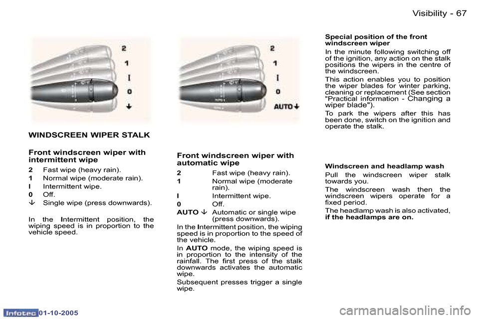 Peugeot 307 CC 2005.5  Owners Manual �V�i�s�i�b�i�l�i�t�y�6�6 �-
�0�1�-�1�0�-�2�0�0�5
�6�7�V�i�s�i�b�i�l�i�t�y�-
�0�1�-�1�0�-�2�0�0�5
�S�p�e�c�i�a�l� �p�o�s�i�t�i�o�n� �o�f� �t�h�e� �f�r�o�n�t�  
�w�i�n�d�s�c�r�e�e�n� �w�i�p�e�r
�I�n�  �