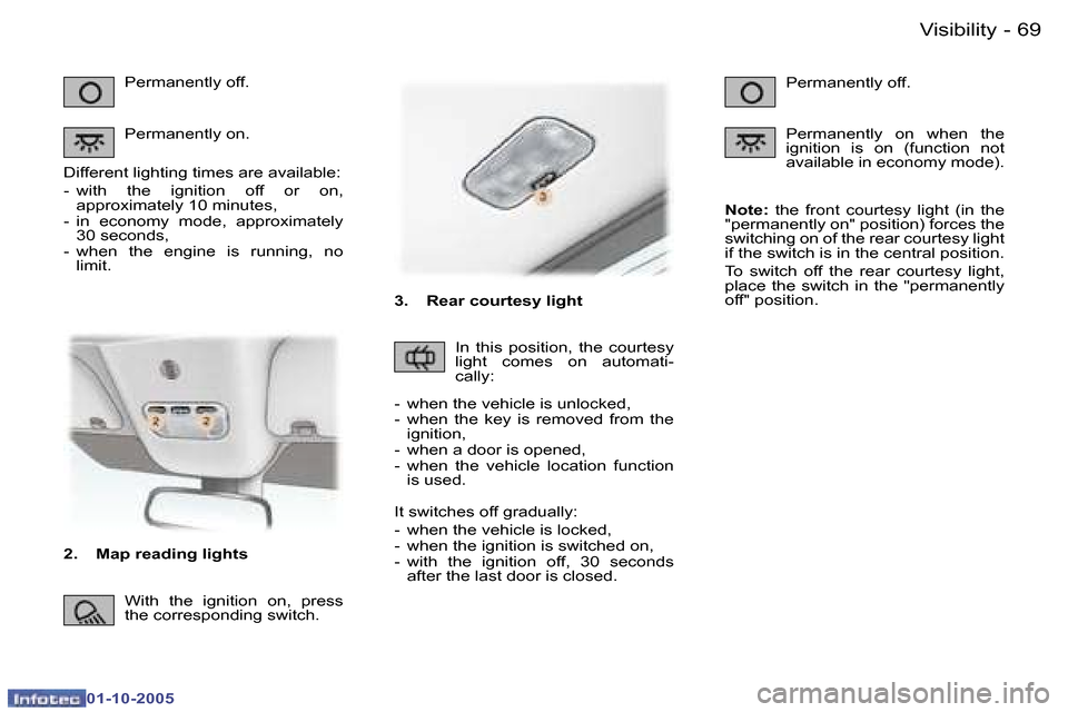 Peugeot 307 CC 2005.5  Owners Manual �V�i�s�i�b�i�l�i�t�y�6�8 �-
�0�1�-�1�0�-�2�0�0�5
�6�9�V�i�s�i�b�i�l�i�t�y�-
�0�1�-�1�0�-�2�0�0�5
�2�.�  �M�a�p� �r�e�a�d�i�n�g� �l�i�g�h�t�s�P�e�r�m�a�n�e�n�t�l�y� �o�f�f�. 
�P�e�r�m�a�n�e�n�t�l�y� �o