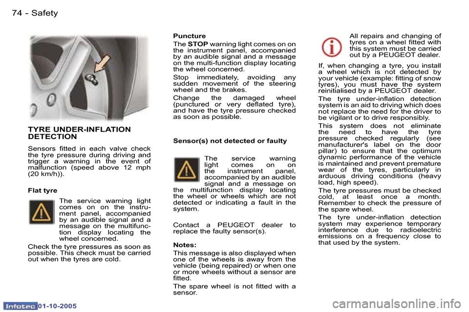 Peugeot 307 CC 2005.5  Owners Manual �S�a�f�e�t�y�7�4 �-
�0�1�-�1�0�-�2�0�0�5
�7�5�S�a�f�e�t�y�-
�0�1�-�1�0�-�2�0�0�5
�T�Y�R�E� �U�N�D�E�R�-�I�N�F�L�A�T�I�O�N�  
�D�E�T�E�C�T�I�O�N
�S�e�n�s�o�r�s�  �i�t�t�e�d�  �i�n�  �e�a�c�h�  �v�a�l�v