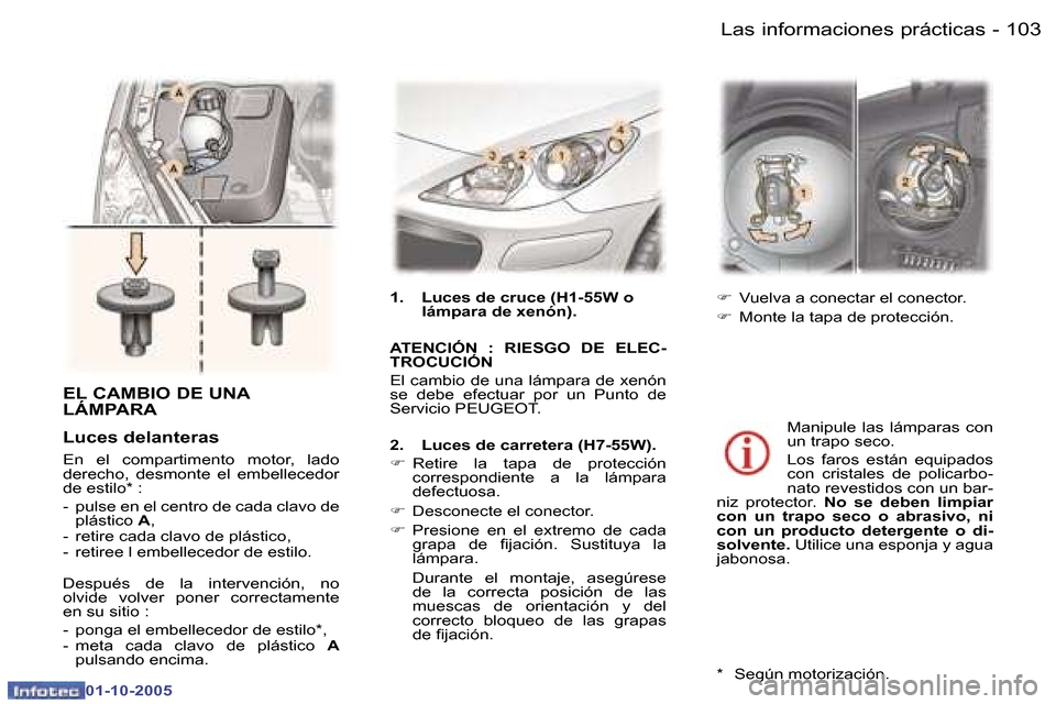 Peugeot 307 CC 2005.5  Manual del propietario (in Spanish) �L�a�s� �i�n�f�o�r�m�a�c�i�o�n�e�s� �p�r�á�c�t�i�c�a�s�1�0�2 �-
�0�1�-�1�0�-�2�0�0�5
�1�0�3�L�a�s� �i�n�f�o�r�m�a�c�i�o�n�e�s� �p�r�á�c�t�i�c�a�s�-
�0�1�-�1�0�-�2�0�0�5
�E�L� �C�A�M�B�I�O� �D�E� �U�