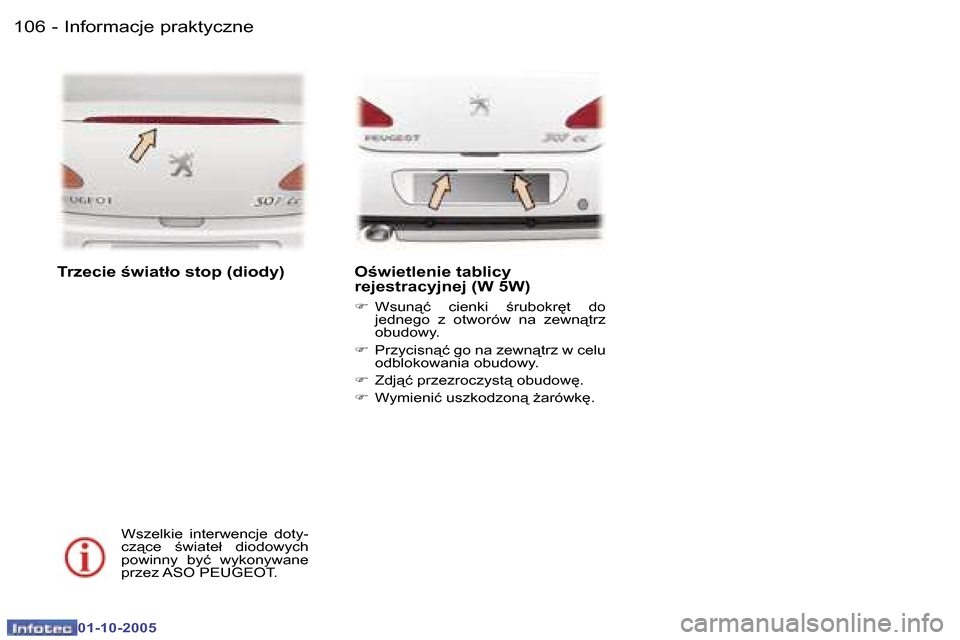 Peugeot 307 CC 2005.5  Instrukcja Obsługi (in Polish) �I�n�f�o�r�m�a�c�j�e� �p�r�a�k�t�y�c�z�n�e�1�0�6 �-
�0�1�-�1�0�-�2�0�0�5
�1�0�7�I�n�f�o�r�m�a�c�j�e� �p�r�a�k�t�y�c�z�n�e�-
�0�1�-�1�0�-�2�0�0�5
�T�r�z�e�c�i�e� �w�i�a�t�ł�o� �s�t�o�p� �(�d�i�o�d�y