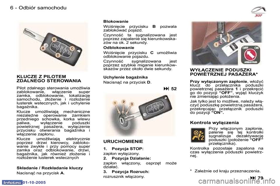 Peugeot 307 CC 2005.5  Instrukcja Obsługi (in Polish) �6 �-�O�d�b�i�ó�r� �s�a�m�o�c�h�o�d�u�7
�-�O�d�b�i�ó�r� �s�a�m�o�c�h�o�d�u
�K�L�U�C�Z�E� �Z� �P�I�L�O�T�E�M�  
�Z�D�A�L�N�E�G�O� �S�T�E�R�O�W�A�N�I�A 
�P�i�l�o�t�  �z�d�a�l�n�e�g�o�  �s�t�e�r�o�w�a�