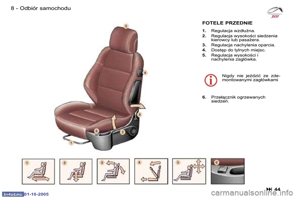 Peugeot 307 CC 2005.5  Instrukcja Obsługi (in Polish) �8 �-�O�d�b�i�ó�r� �s�a�m�o�c�h�o�d�u�9
�-�O�d�b�i�ó�r� �s�a�m�o�c�h�o�d�u
�F�O�T�E�L�E� �P�R�Z�E�D�N�I�E 
�1�. �  �R�e�g�u�l�a�c�j�a� �w�z�d�ł�uG�n�a�.
�2�. �  �R�e�g�u�l�a�c�j�a� �w�y�s�o�k�o;�