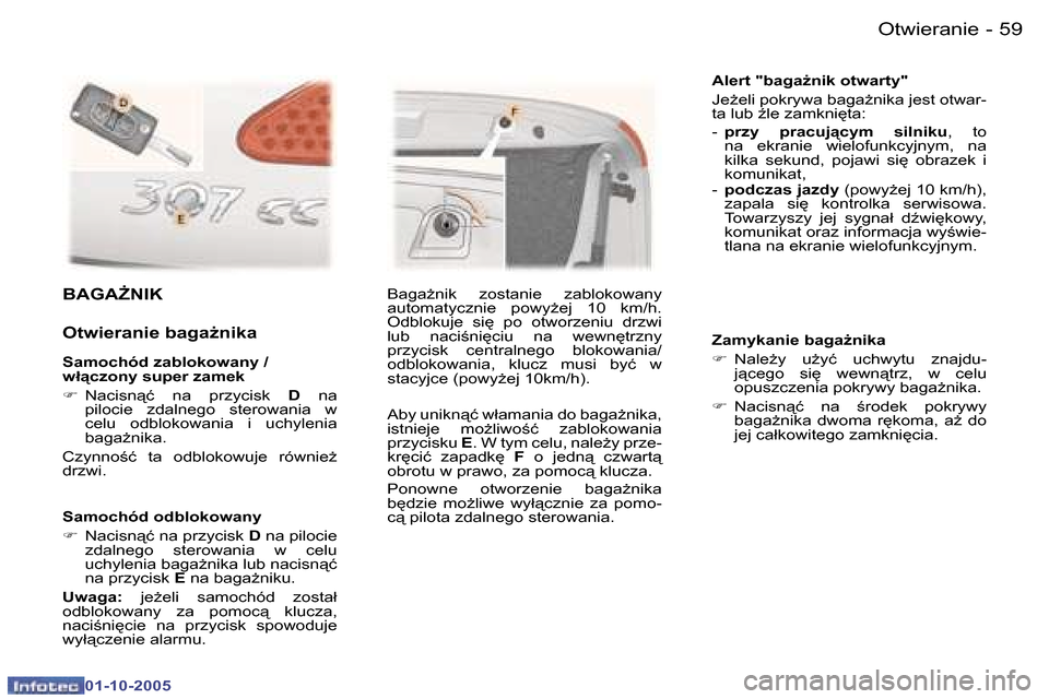 Peugeot 307 CC 2005.5  Instrukcja Obsługi (in Polish) �O�t�w�i�e�r�a�n�i�e�5�8 �-
�0�1�-�1�0�-�2�0�0�5
�5�9�O�t�w�i�e�r�a�n�i�e�-
�0�1�-�1�0�-�2�0�0�5
�S�a�m�o�c�h�ó�d� �o�d�b�l�o�k�o�w�a�n�y 
�F� �N�a�c�i�s�n"�ć� �n�a� �p�r�z�y�c�i�s�k�  �D� �n�a� �p