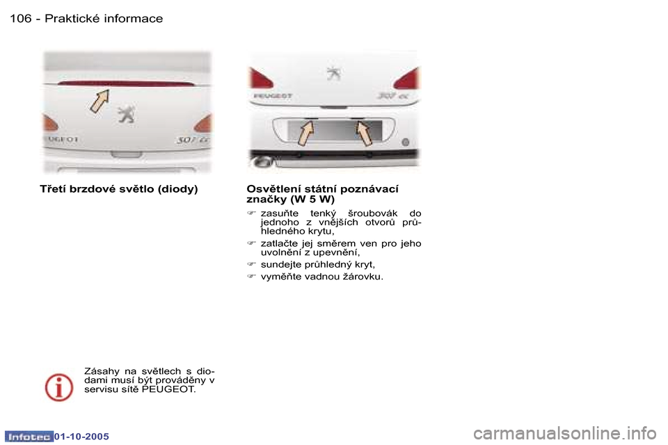 Peugeot 307 CC 2005.5  Návod k obsluze (in Czech) �P�r�a�k�t�i�c�k�é� �i�n�f�o�r�m�a�c�e�1�0�6 �-
�0�1�-�1�0�-�2�0�0�5
�1�0�7�P�r�a�k�t�i�c�k�é� �i�n�f�o�r�m�a�c�e�-
�0�1�-�1�0�-�2�0�0�5
�T9�e�t�í� �b�r�z�d�o�v�é� �s�v)�t�l�o� �(�d�i�o�d�y�)
�Z