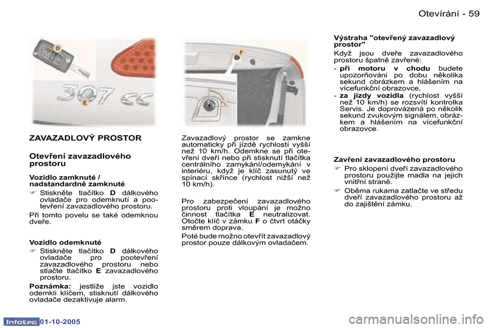 Peugeot 307 CC 2005.5  Návod k obsluze (in Czech) �O�t�e�v�í�r�á�n�í�5�8 �-
�0�1�-�1�0�-�2�0�0�5
�5�9�O�t�e�v�í�r�á�n�í�-
�0�1�-�1�0�-�2�0�0�5
�V�o�z�i�d�l�o� �o�d�e�m�k�n�u�t�é 
�F� �S�t�i�s�k�n)�t�e�  �t�l�a�č�í�t�k�o�  �D�  �d�á�l�k�o�v