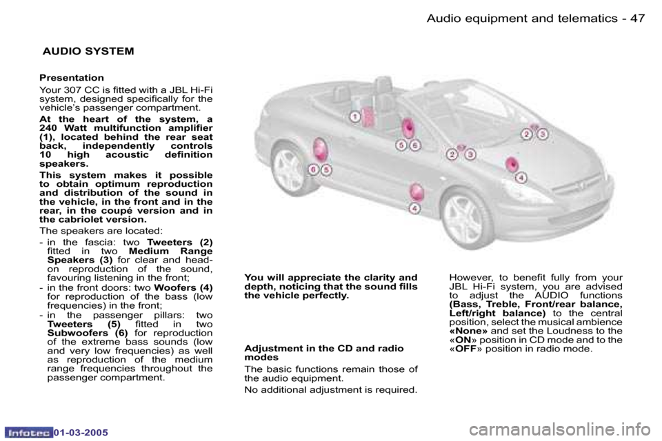 Peugeot 307 CC 2005  Owners Manual �A�u�d�i�o� �e�q�u�i�p�m�e�n�t� �a�n�d� �t�e�l�e�m�a�t�i�c�s�4�6 �-
�0�1�-�0�3�-�2�0�0�5
�4�7�A�u�d�i�o� �e�q�u�i�p�m�e�n�t� �a�n�d� �t�e�l�e�m�a�t�i�c�s�-
�0�1�-�0�3�-�2�0�0�5
� �A�U�D�I�O� �S�Y�S�T�