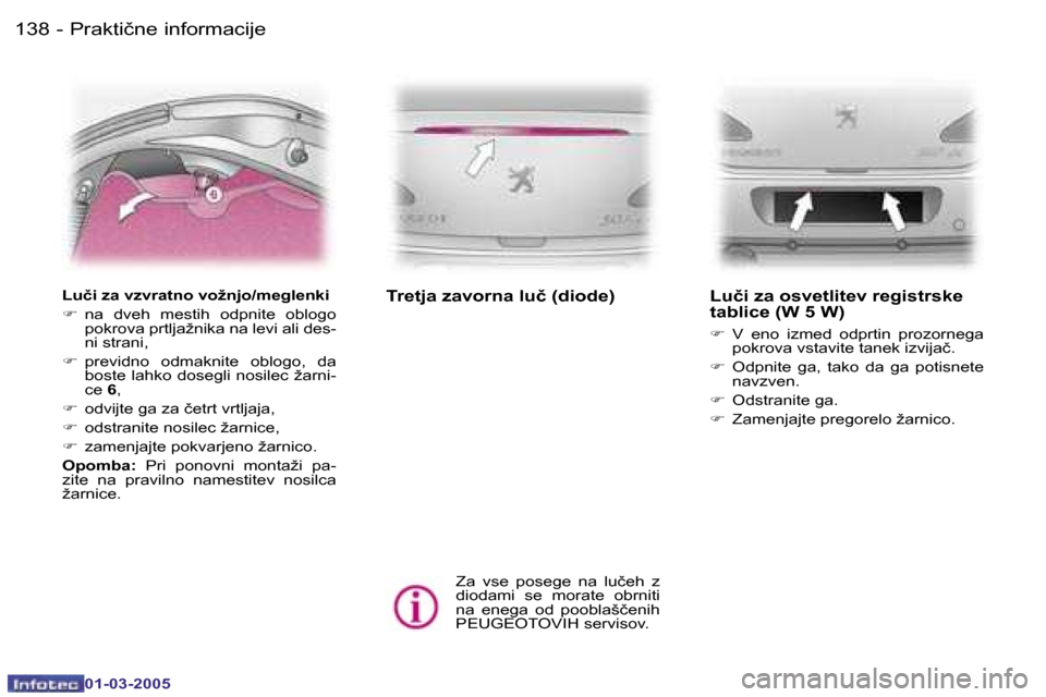 Peugeot 307 CC 2005  Priročnik za lastnika (in Slovenian) �P�r�a�k�t�i�č�n�e� �i�n�f�o�r�m�a�c�i�j�e�1�3�8 �-
�0�1�-�0�3�-�2�0�0�5
�1�3�9�P�r�a�k�t�i�č�n�e� �i�n�f�o�r�m�a�c�i�j�e�-
�0�1�-�0�3�-�2�0�0�5
�L�u�č�i� �z�a� �v�z�v�r�a�t�n�o� �v�o�ž�n�j�o�/�m�