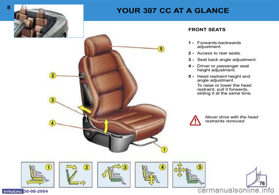 Peugeot 307 CC 2004.5  Owners Manual �7�6
�8
�3�0�-�0�8�-�2�0�0�4
�9
�3�0�-�0�8�-�2�0�0�4
�Y�O�U�R� �3�0�7� �C�C� �A�T� �A� �G�L�A�N�C�E�F�R�O�N�T� �S�E�A�T�S
�1� �- �  �F�o�r�w�a�r�d�s�-�b�a�c�k�w�a�r�d�s� 
�a�d�j�u�s�t�m�e�n�t�.
�2� �-