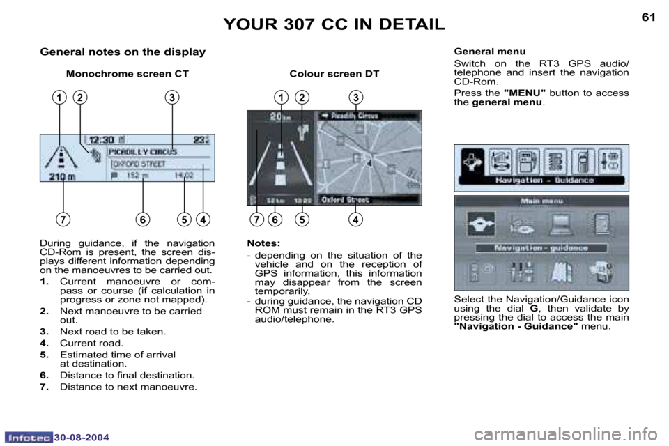 Peugeot 307 CC 2004.5  Owners Manual �6�0
�3�0�-�0�8�-�2�0�0�4
�6�1
�3�0�-�0�8�-�2�0�0�4
�G�e�n�e�r�a�l� �n�o�t�e�s� �o�n� �t�h�e� �d�i�s�p�l�a�y
�M�o�n�o�c�h�r�o�m�e� �s�c�r�e�e�n� �C�T �C�o�l�o�u�r� �s�c�r�e�e�n� �D�T�G�e�n�e�r�a�l� �m