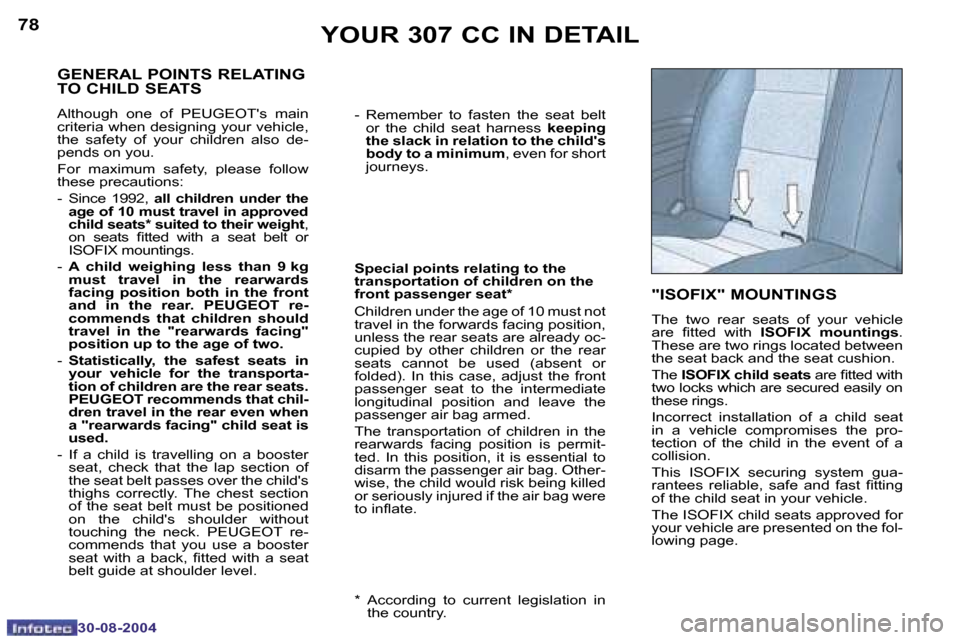 Peugeot 307 CC 2004.5  Owners Manual �7�8
�3�0�-�0�8�-�2�0�0�4
�7�9
�3�0�-�0�8�-�2�0�0�4
�Y�O�U�R� �3�0�7� �C�C� �I�N� �D�E�T�A�I�L
�-�  �R�e�m�e�m�b�e�r�  �t�o�  �f�a�s�t�e�n�  �t�h�e�  �s�e�a�t�  �b�e�l�t� �o�r�  �t�h�e�  �c�h�i�l�d�  