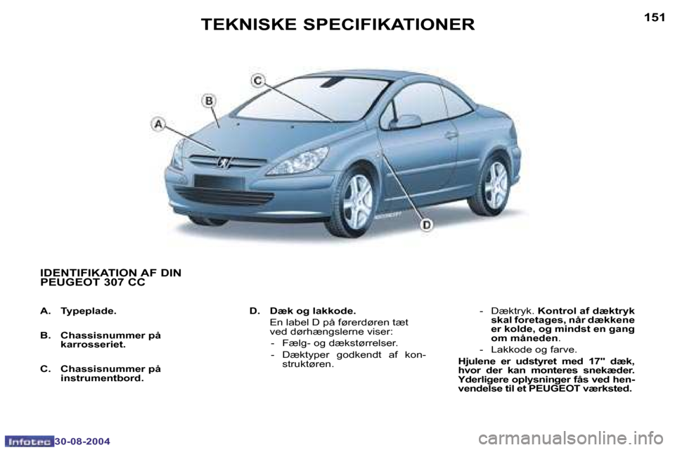 Peugeot 307 CC 2004.5  Instruktionsbog (in Danish) �1�5�0
�3�0�-�0�8�-�2�0�0�4
�1�5�1
�3�0�-�0�8�-�2�0�0�4
�T�E�K�N�I�S�K�E� �S�P�E�C�I�F�I�K�A�T�I�O�N�E�R
�I�D�E�N�T�I�F�I�K�A�T�I�O�N� �A�F� �D�I�N�  
�P�E�U�G�E�O�T� �3�0�7� �C�C
�A�.�  �T�y�p�e�p�l�