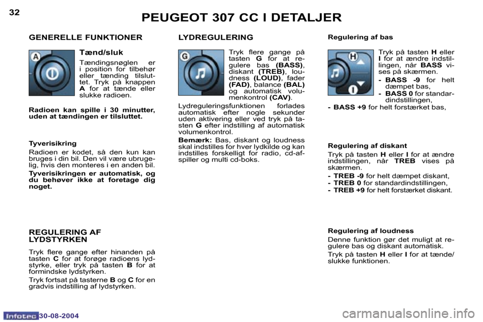 Peugeot 307 CC 2004.5  Instruktionsbog (in Danish) �3�2
�3�0�-�0�8�-�2�0�0�4
�3�3
�3�0�-�0�8�-�2�0�0�4
�P�E�U�G�E�O�T� �3�0�7� �C�C� �I� �D�E�T�A�L�J�E�R
�G�E�N�E�R�E�L�L�E� �F�U�N�K�T�I�O�N�E�R �L�Y�D�R�E�G�U�L�E�R�I�N�G
�R�e�g�u�l�e�r�i�n�g� �a�f� �