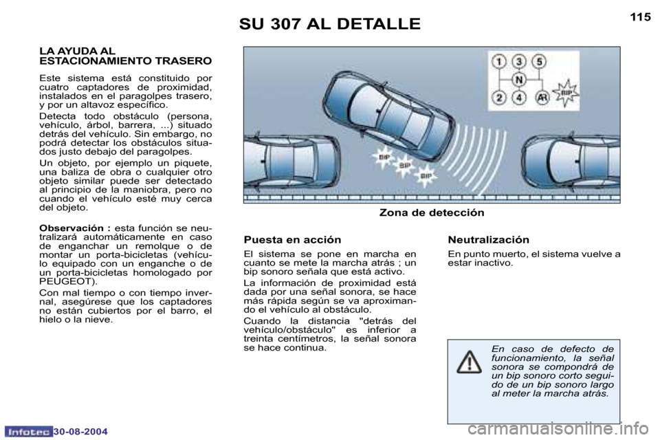 Peugeot 307 CC 2004.5  Manual del propietario (in Spanish) �1�1�4
�3�0�-�0�8�-�2�0�0�4
�1�1�5
�3�0�-�0�8�-�2�0�0�4
�S�U� �3�0�7� �A�L� �D�E�T�A�L�L�E
�L�A� �A�Y�U�D�A� �A�L�  
�E�S�T�A�C�I�O�N�A�M�I�E�N�T�O� �T�R�A�S�E�R�O
�E�s�t�e�  �s�i�s�t�e�m�a�  �e�s�t�