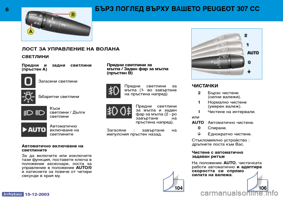 Peugeot 307 CC 2003.5 Ръководство за експлоатация (in Bulgarian) 15-12-2003
10 410 6
6БЪРЗ ПОГЛЕД ВЪРХУ ВАШЕТО PEUGEOT 307 СС
Предни и задни светлини
(пръстен А)Загасени светлини Габарит Peugeot 307 CC 2003.5 Ръководство за експлоатация (in Bulgarian) 15-12-2003
10 410 6
6БЪРЗ ПОГЛЕД ВЪРХУ ВАШЕТО PEUGEOT 307 СС
Предни и задни светлини
(пръстен А)Загасени светлини Габарит