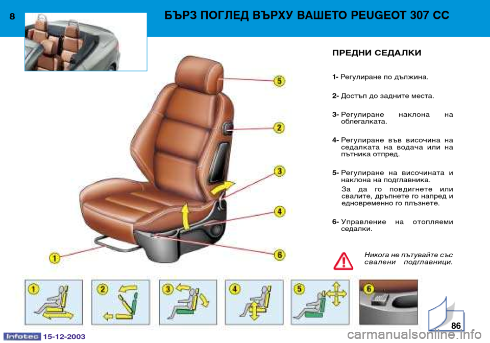 Peugeot 307 CC 2003.5  Ръководство за експлоатация (in Bulgarian) 86
8БЪРЗ ПОГЛЕД ВЪРХУ ВАШЕТО PEUGEOT 307 СС
ПРЕДНИ СЕДАЛКИ
1-  Регулиране по дължина.
2- Достъп до задните места.
3- Регу