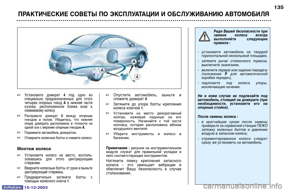 Peugeot 307 CC 2003.5 Инструкция по эксплуатации (in Russian) 15-12-2003
ПРАКТИЧЕСКИЕ СОВЕТЫ ПО ЭКСПЛУАТАЦИИ И ОБСЛУЖИВАНИЮ АВТОМОБИЛЯ
135
Установите домкрат 4под одно из
спе Peugeot 307 CC 2003.5 Инструкция по эксплуатации (in Russian) 15-12-2003
ПРАКТИЧЕСКИЕ СОВЕТЫ ПО ЭКСПЛУАТАЦИИ И ОБСЛУЖИВАНИЮ АВТОМОБИЛЯ
135
Установите домкрат 4под одно из
спе