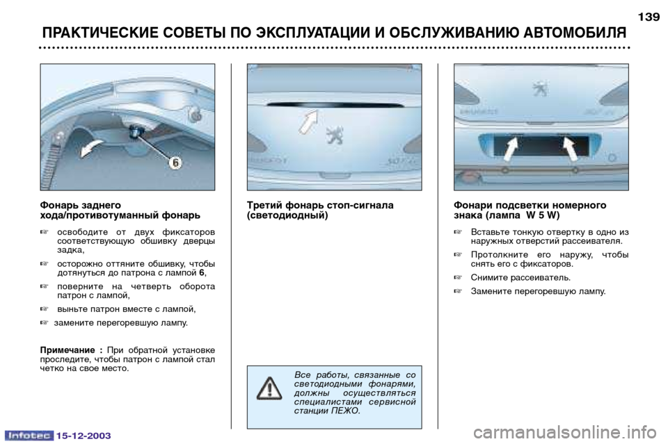 Peugeot 307 CC 2003.5  Инструкция по эксплуатации (in Russian) 15-12-2003
ПРАКТИЧЕСКИЕ СОВЕТЫ ПО ЭКСПЛУАТАЦИИ И ОБСЛУЖИВАНИЮ АВТОМОБИЛЯ
139
Фонари подсветки номерного 
знака (ла