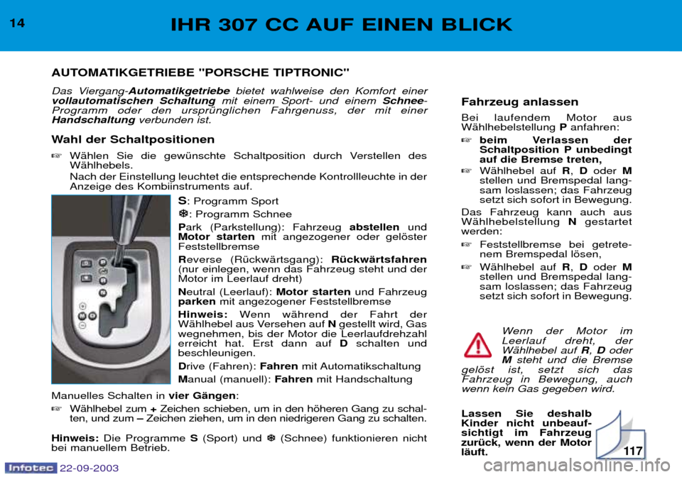 Peugeot 307 CC 2003 Betriebsanleitung (in German) 22-09-2003
11 7
Fahrzeug anlassen Bei laufendem Motor aus WŠhlhebelstellung Panfahren:
beim Verlassen der
Schaltposition P unbedingtauf die Bremse treten,
WŠhlhebel auf R, D oder M
stellen un Peugeot 307 CC 2003 Betriebsanleitung (in German) 22-09-2003
11 7
Fahrzeug anlassen Bei laufendem Motor aus WŠhlhebelstellung Panfahren:
beim Verlassen der
Schaltposition P unbedingtauf die Bremse treten,
WŠhlhebel auf R, D oder M
stellen un