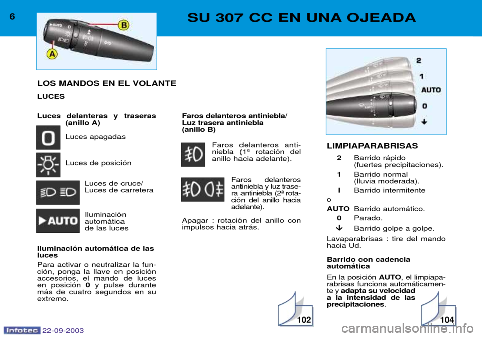 Peugeot 307 CC 2003 Manual del propietario (in Spanish) 22-09-2003
102104
6SU 307 CC EN UNA OJEADA
Luces delanteras y traseras(anillo A) Luces apagadas Luces de posici—n
Luces de cruce/ Luces de carretera Iluminaci—n autom‡ticade las luces
Iluminaci Peugeot 307 CC 2003 Manual del propietario (in Spanish) 22-09-2003
102104
6SU 307 CC EN UNA OJEADA
Luces delanteras y traseras(anillo A) Luces apagadas Luces de posici—n
Luces de cruce/ Luces de carretera Iluminaci—n autom‡ticade las luces
Iluminaci