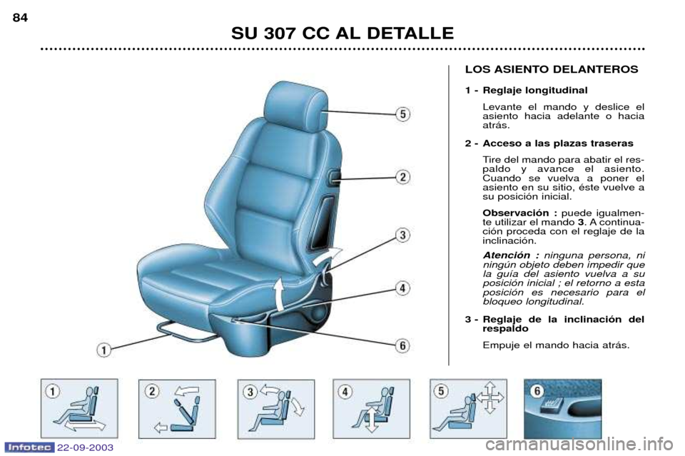 Peugeot 307 CC 2003  Manual del propietario (in Spanish) SU 307 CC AL DETALLE
84
LOS ASIENTO DELANTEROS 
1 - Reglaje longitudinal
Levante el mando y deslice el asiento hacia adelante o haciaatr‡s.
2 - Acceso a las plazas traseras Tire del mando para abati