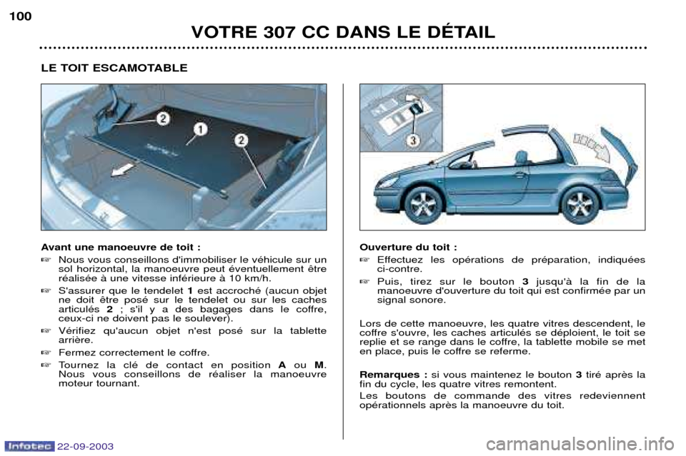 Peugeot 307 CC 2003 Manuel du propriétaire (in French) 22-09-2003
VOTRE 307 CC DANS LE DƒTAIL
100
LE TOIT ESCAMOTABLE
Avant une manoeuvre de toit :
Nous vous conseillons dimmobiliser le vŽhicule sur un sol horizontal, la manoeuvre peut Žventuelleme Peugeot 307 CC 2003 Manuel du propriétaire (in French) 22-09-2003
VOTRE 307 CC DANS LE DƒTAIL
100
LE TOIT ESCAMOTABLE
Avant une manoeuvre de toit :
Nous vous conseillons dimmobiliser le vŽhicule sur un sol horizontal, la manoeuvre peut Žventuelleme