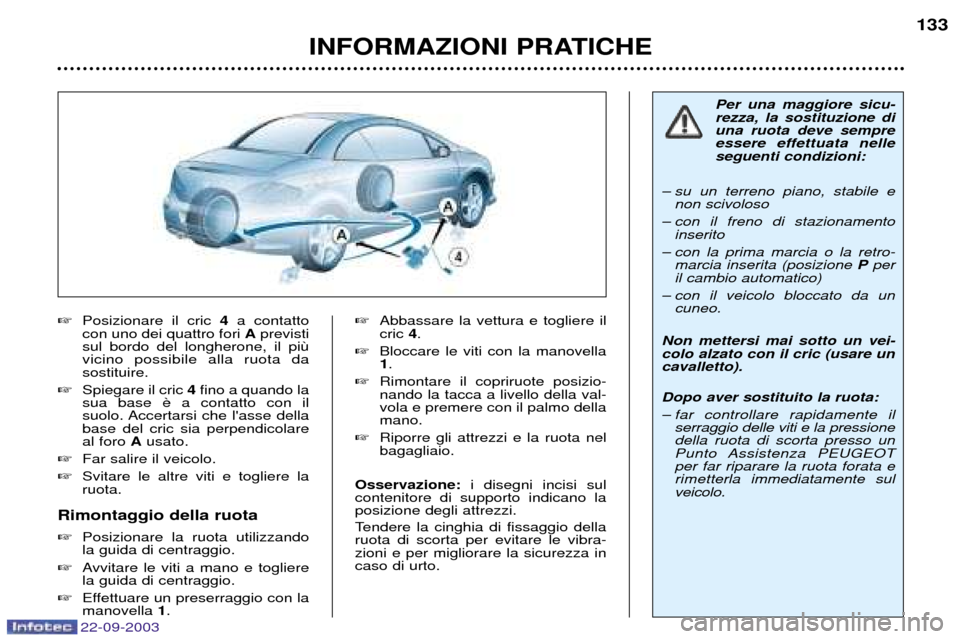Peugeot 307 CC 2003 Manuale del proprietario (in Italian) 22-09-2003
INFORMAZIONI PRATICHE133
Posizionare il cric 4a contatto
con uno dei quattro fori Aprevisti
sul bordo del longherone, il pi vicino possibile alla ruota dasostituire.
Spiegare il cric Peugeot 307 CC 2003 Manuale del proprietario (in Italian) 22-09-2003
INFORMAZIONI PRATICHE133
Posizionare il cric 4a contatto
con uno dei quattro fori Aprevisti
sul bordo del longherone, il pi vicino possibile alla ruota dasostituire.
Spiegare il cric