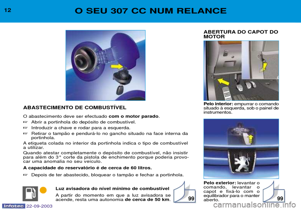 Peugeot 307 CC 2003 Manual do proprietário (in Portuguese) 9999
12O SEU 307 CC NUM RELANCE
Pelo exterior:levantar o
comando, levantar o capot e fix‡-lo com oequilibrador para o manteraberto.
ABERTURA DO CAPOT DO
MOTOR
ABASTECIMENTO DE COMBUSTêVEL O abaste Peugeot 307 CC 2003 Manual do proprietário (in Portuguese) 9999
12O SEU 307 CC NUM RELANCE
Pelo exterior:levantar o
comando, levantar o capot e fix‡-lo com oequilibrador para o manteraberto.
ABERTURA DO CAPOT DO
MOTOR
ABASTECIMENTO DE COMBUSTêVEL O abaste