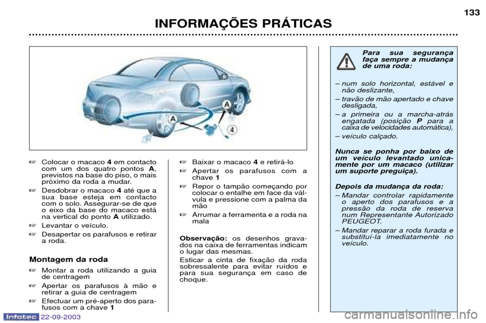 Peugeot 307 CC 2003 Manual do proprietário (in Portuguese) 22-09-2003
INFORMA‚ÍES PRçTICAS133
Colocar o macaco 4em contacto
com um dos quatro pontos A,
previstos na base do piso, o mais
pr—ximo da roda a mudar.
Desdobrar o macaco 4atŽ que a
sua Peugeot 307 CC 2003 Manual do proprietário (in Portuguese) 22-09-2003
INFORMA‚ÍES PRçTICAS133
Colocar o macaco 4em contacto
com um dos quatro pontos A,
previstos na base do piso, o mais
pr—ximo da roda a mudar.
Desdobrar o macaco 4atŽ que a
sua