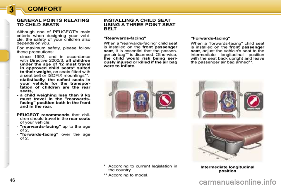 Peugeot 307 CC Dag 2006  Owners Manual �3�C�O�M�F�O�R�T
�4�6
�"�F�o�r�w�a�r�d�s�-�f�a�c�i�n�g�" 
�W�h�e�n�  �a�  �"�f�o�r�w�a�r�d�s�-�f�a�c�i�n�g�"�  �c�h�i�l�d�  �s�e�a�t�  
�i�s�  �i�n�s�t�a�l�l�e�d�  �o�n�  �t�h�e� �f�r�o�n�t�  �p�a�s�s