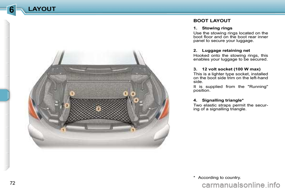 Peugeot 307 CC Dag 2006  Owners Manual �6�L�A�Y�O�U�T
�7�2
�B�O�O�T� �L�A�Y�O�U�T
�1�.�  �S�t�o�w�i�n�g� �r�i�n�g�s 
�U�s�e� �t�h�e� �s�t�o�w�i�n�g� �r�i�n�g�s� �l�o�c�a�t�e�d� �o�n� �t�h�e�  
�b�o�o�t� �ﬂ�o�o�r� �a�n�d� �o�n� �t�h�e� �b