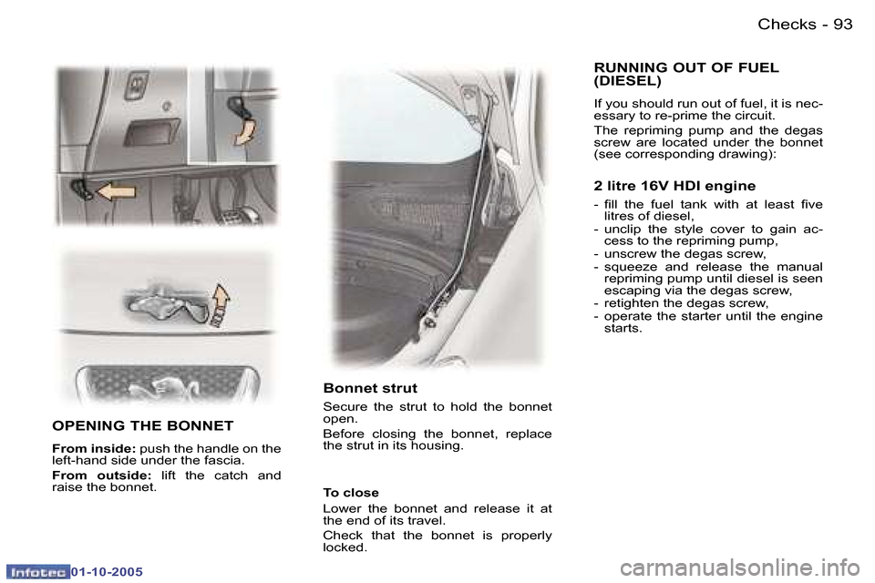 Peugeot 307 CC Dag 2005.5  Owners Manual �C�h�e�c�k�s�9�2 �-
�0�1�-�1�0�-�2�0�0�5
�9�3�C�h�e�c�k�s�-
�0�1�-�1�0�-�2�0�0�5
�O�P�E�N�I�N�G� �T�H�E� �B�O�N�N�E�T
�F�r�o�m� �i�n�s�i�d�e�:� �p�u�s�h� �t�h�e� �h�a�n�d�l�e� �o�n� �t�h�e� 
�l�e�f�t�