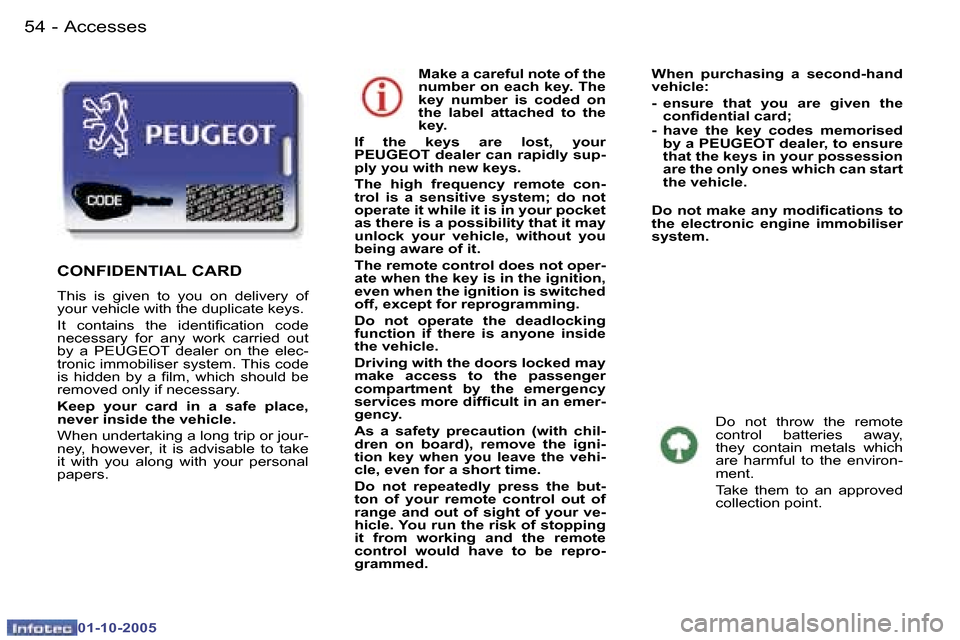 Peugeot 307 CC Dag 2005.5  Owners Manual �A�c�c�e�s�s�e�s�5�4 �-
�0�1�-�1�0�-�2�0�0�5
�5�5�A�c�c�e�s�s�e�s�-
�0�1�-�1�0�-�2�0�0�5
�M�a�k�e� �a� �c�a�r�e�f�u�l� �n�o�t�e� �o�f� �t�h�e�  
�n�u�m�b�e�r� �o�n� �e�a�c�h� �k�e�y�.� �T�h�e� 
�k�e�y