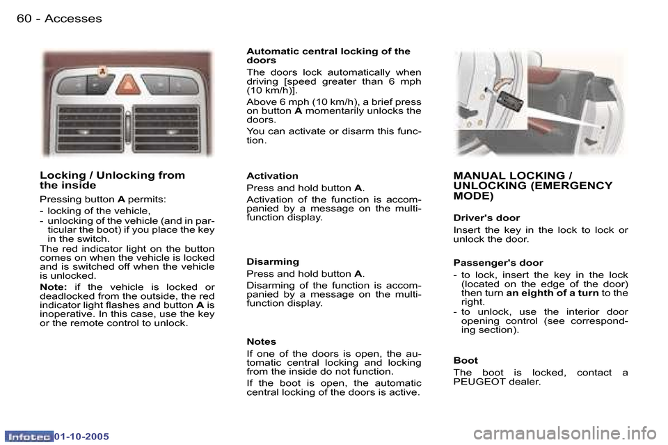 Peugeot 307 CC Dag 2005.5  Owners Manual �A�c�c�e�s�s�e�s�6�0 �-
�0�1�-�1�0�-�2�0�0�5
�6�1�A�c�c�e�s�s�e�s�-
�0�1�-�1�0�-�2�0�0�5
�L�o�c�k�i�n�g� �/� �U�n�l�o�c�k�i�n�g� �f�r�o�m�  
�t�h�e� �i�n�s�i�d�e
�P�r�e�s�s�i�n�g� �b�u�t�t�o�n� �A� �p