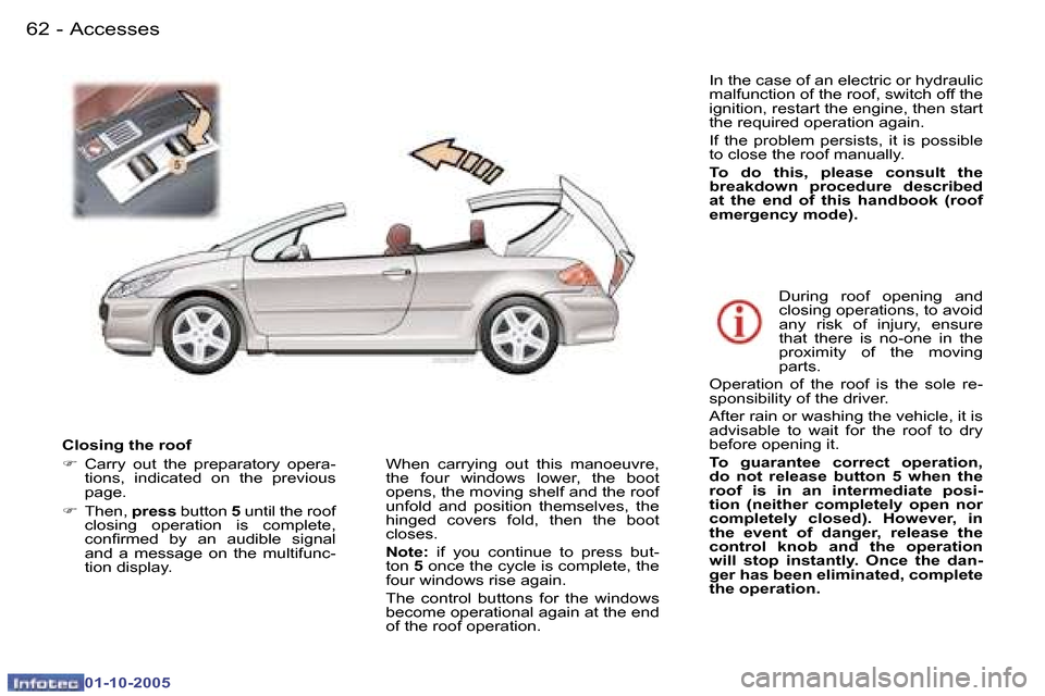 Peugeot 307 CC Dag 2005.5  Owners Manual �A�c�c�e�s�s�e�s�6�2 �-
�0�1�-�1�0�-�2�0�0�5
�6�3�A�c�c�e�s�s�e�s�-
�0�1�-�1�0�-�2�0�0�5
�C�l�o�s�i�n�g� �t�h�e� �r�o�o�f 
�F�  �C�a�r�r�y�  �o�u�t�  �t�h�e�  �p�r�e�p�a�r�a�t�o�r�y�  �o�p�e�r�a�-
�t�